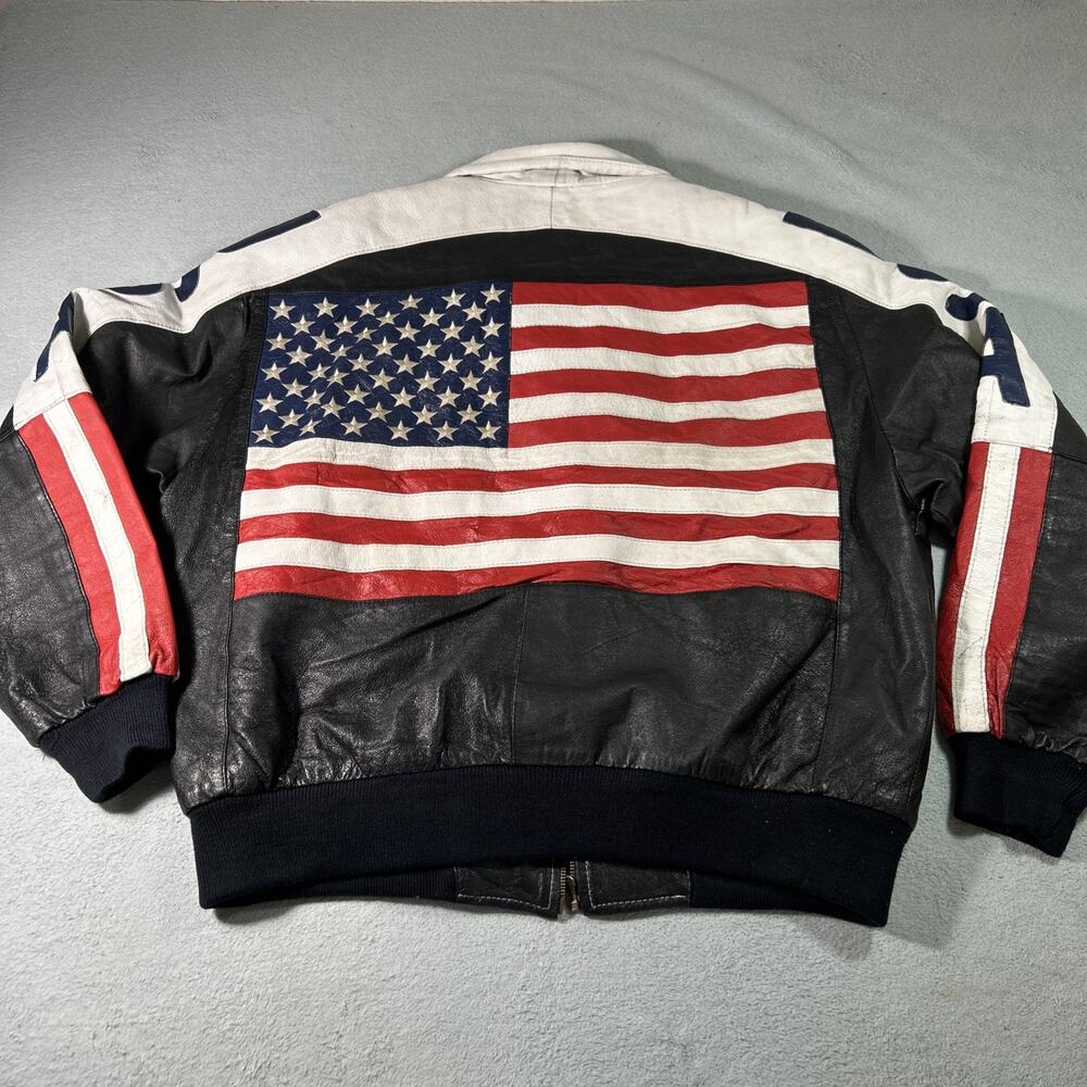 Y2k 2000s Michael Hoban Where M I USA Flag Leather Bomber Jacket XL July 4th